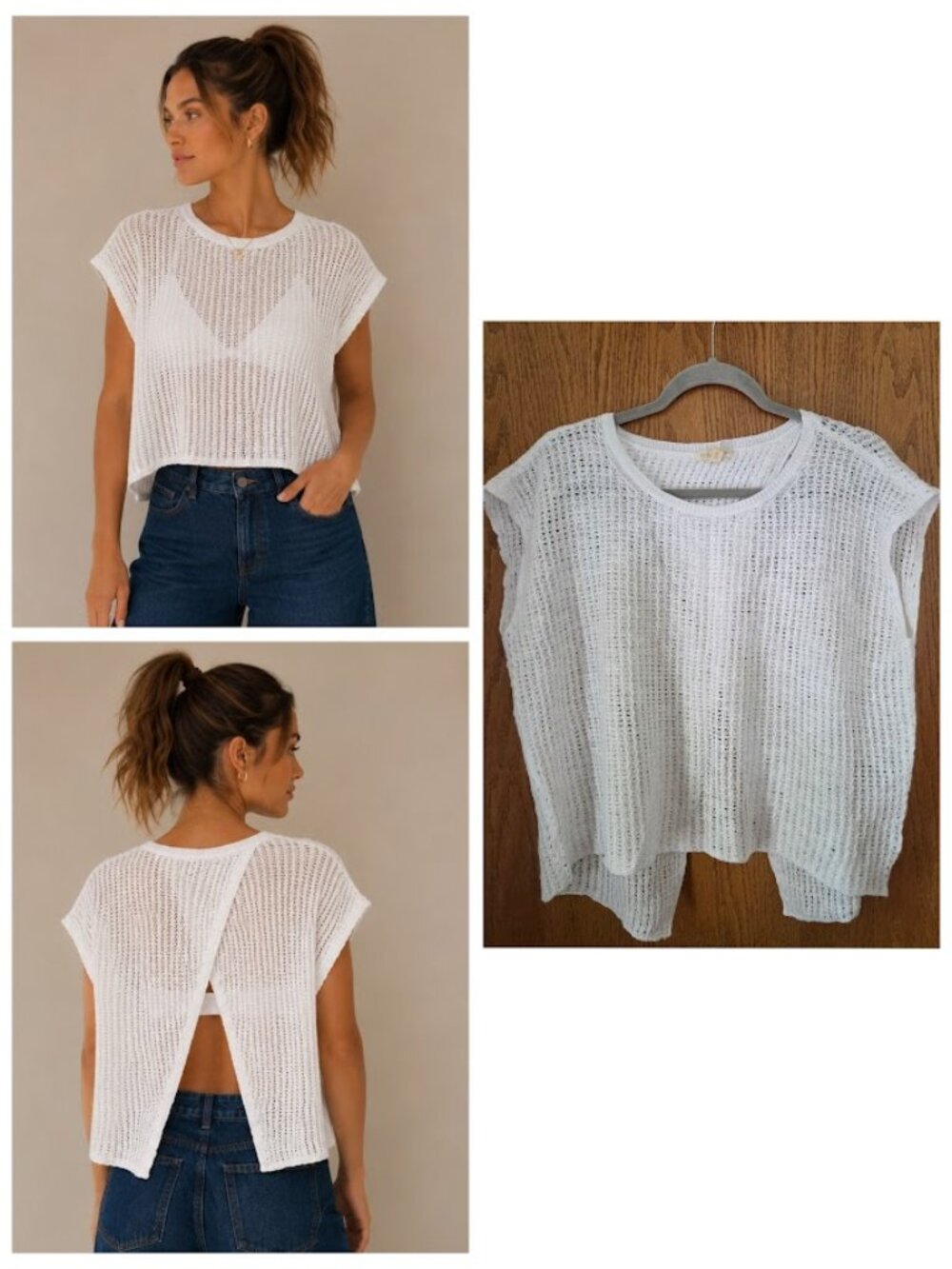 Eileen Fisher Open Knit Linen Cotton Split Crossover Open Back Top White L